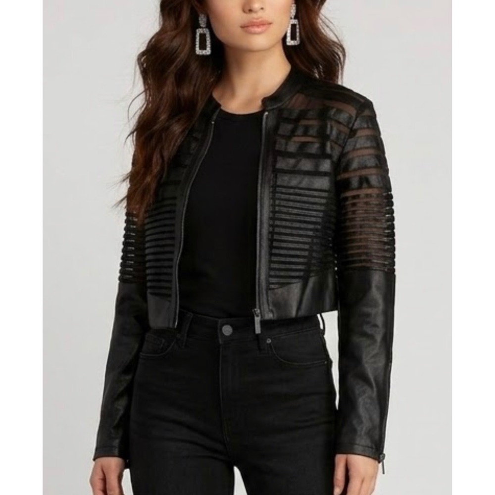 Body Central Womens Black Cropped Vegan Leather Mesh Jacket Size M 8